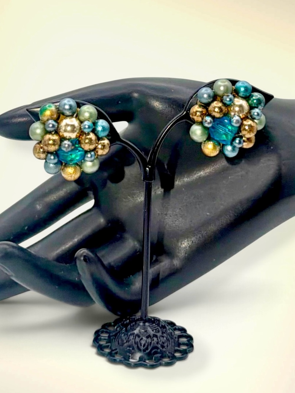 Vintage Clip Earrings Mid Century 1950s Blue and Gold Bead Cluster Estate